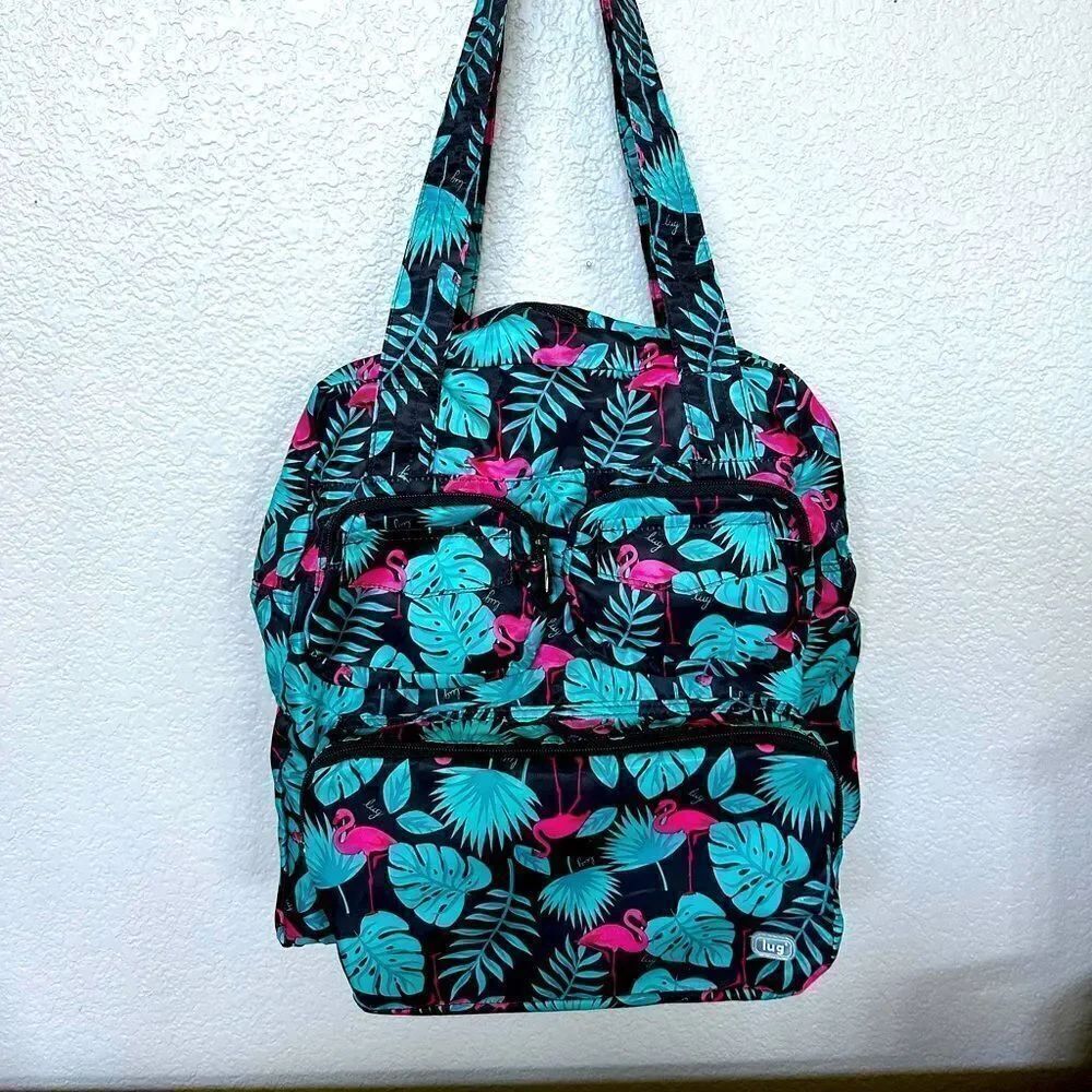 Luv Puddle Jumper Flamingo Leaves Tropical Packable Travel Tote Bag